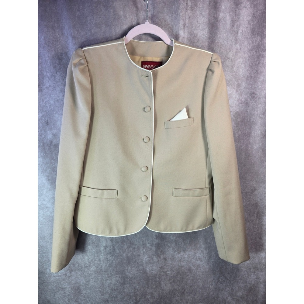 Vintage Sasson Tan Collarless Blazer Jacket Puff Shoulder White Piping Sze 10/11